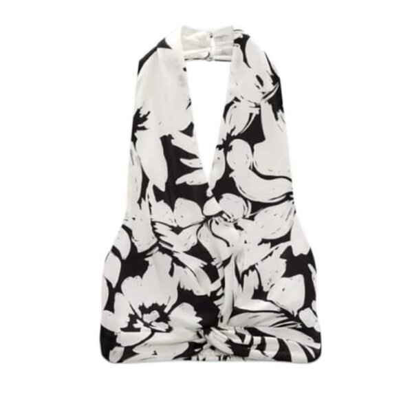 NEW ZARA TROPICAL PRINT HALTER TOP ECRU / BLACK | 7776/257 - Picture 1 of 13
